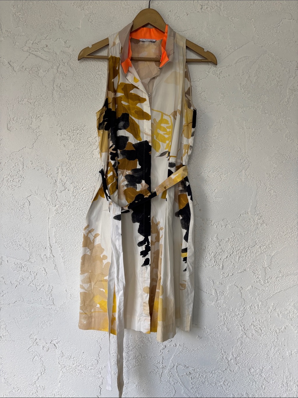 Tahari Sleeveless Floral Midi Dress in White, Mustard & Black